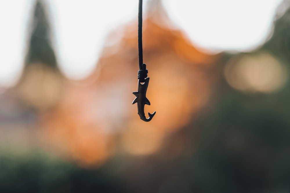 a fish hook hanging from a rope with a building in the background