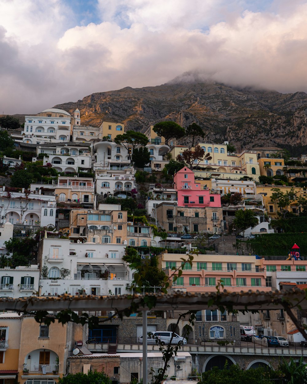 a city with a mountain in the background