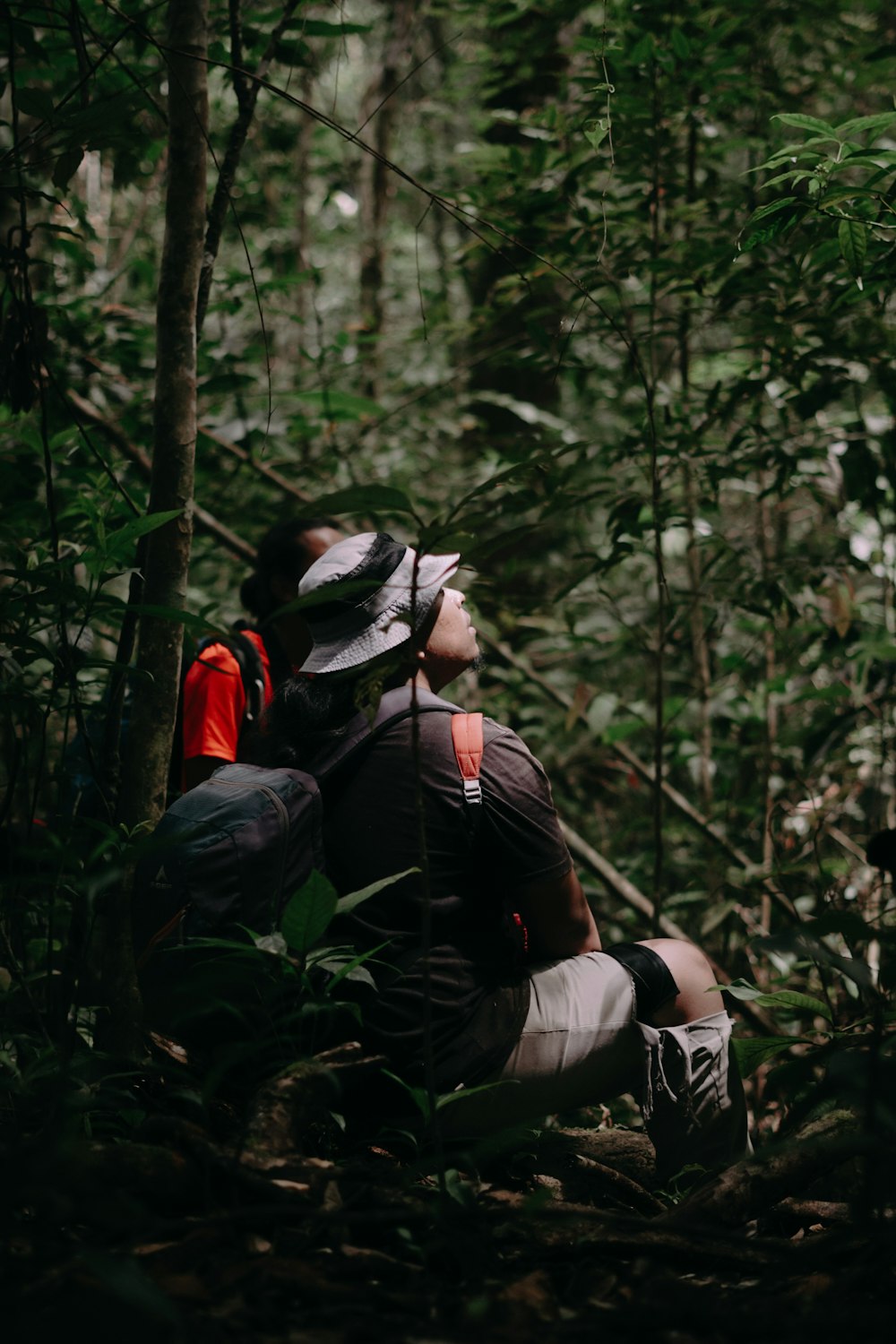 a man sitting in the middle of a forest