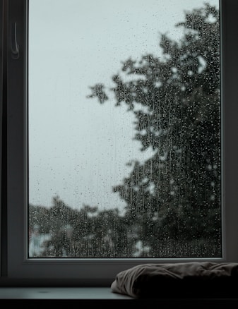 Raindrops trickle down a windowpane, distorting the view of a tree outside in the background. The scene conveys a quiet, somber atmosphere, with the muted light accentuating the wet glass surface. A small pillow rests on the windowsill, adding a touch of warmth and domesticity to the otherwise rainy day.