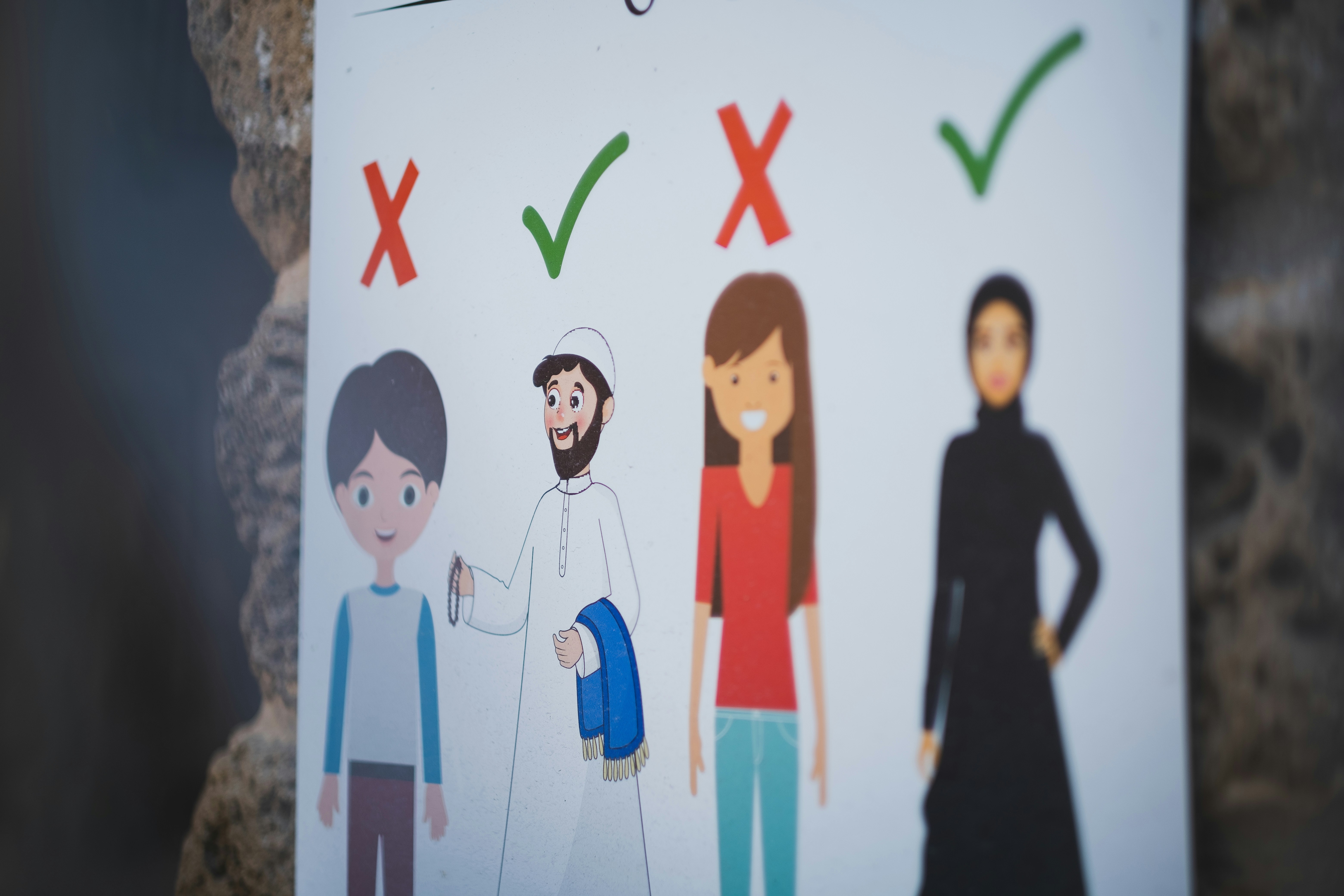 Sign about modest clothes at the entrance to a mosque in Israel.