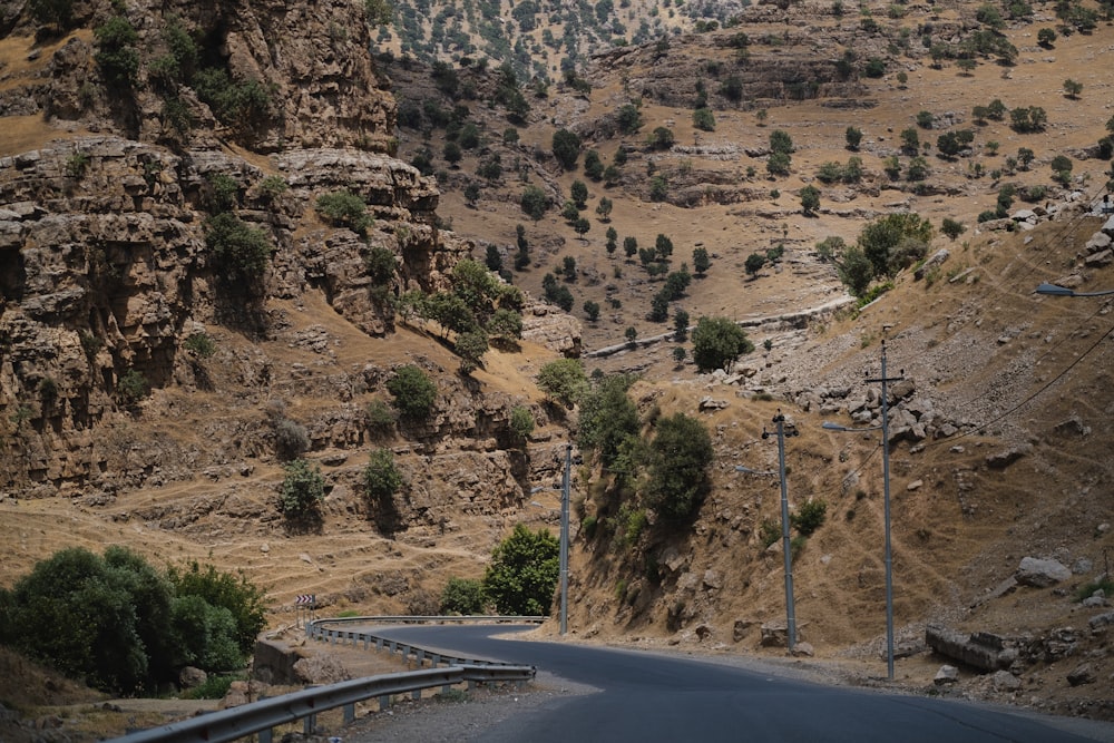 a winding road in the middle of a mountainous area