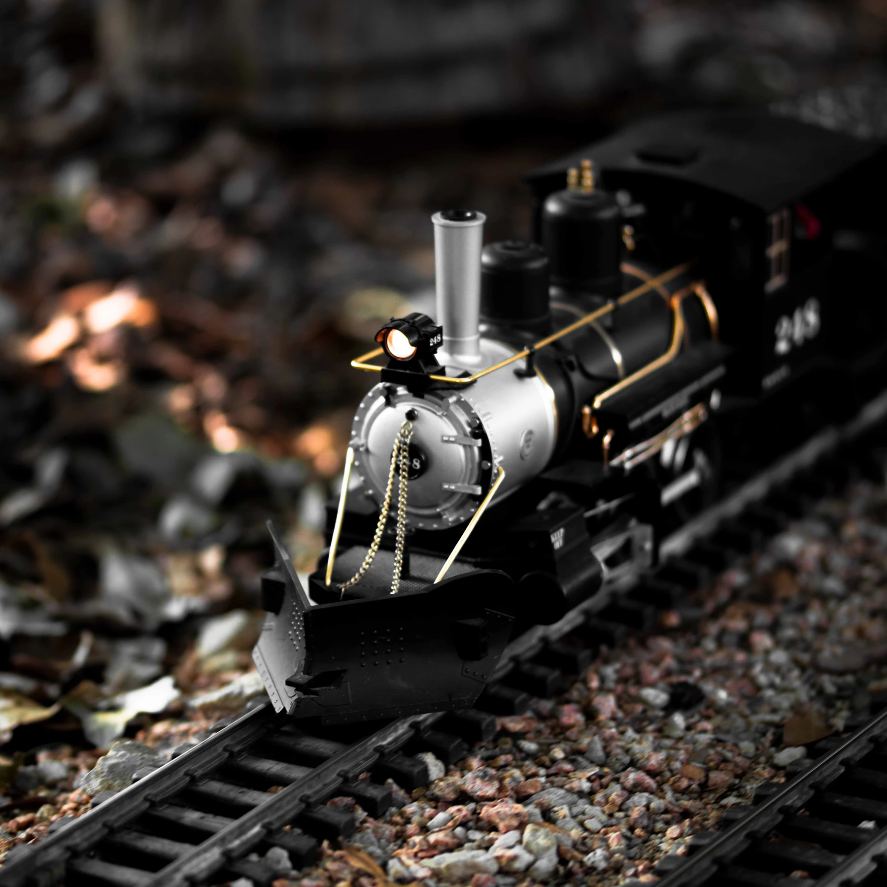 A black model steam locomotive with a silver smokebox on track ballasted with small crushed stone, fallen leaves beside the rails