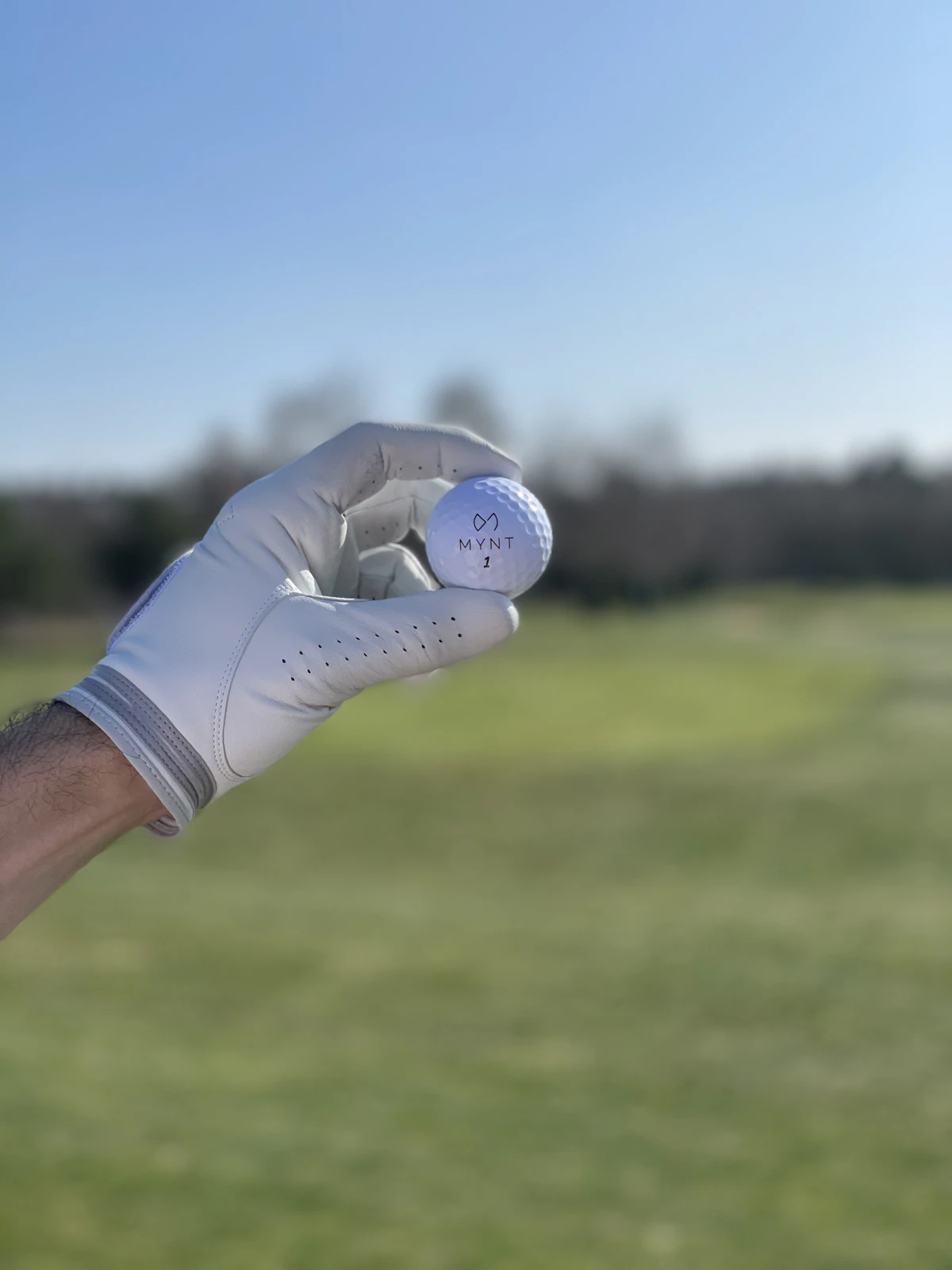 Golfer's gloved hand holding a golf ball