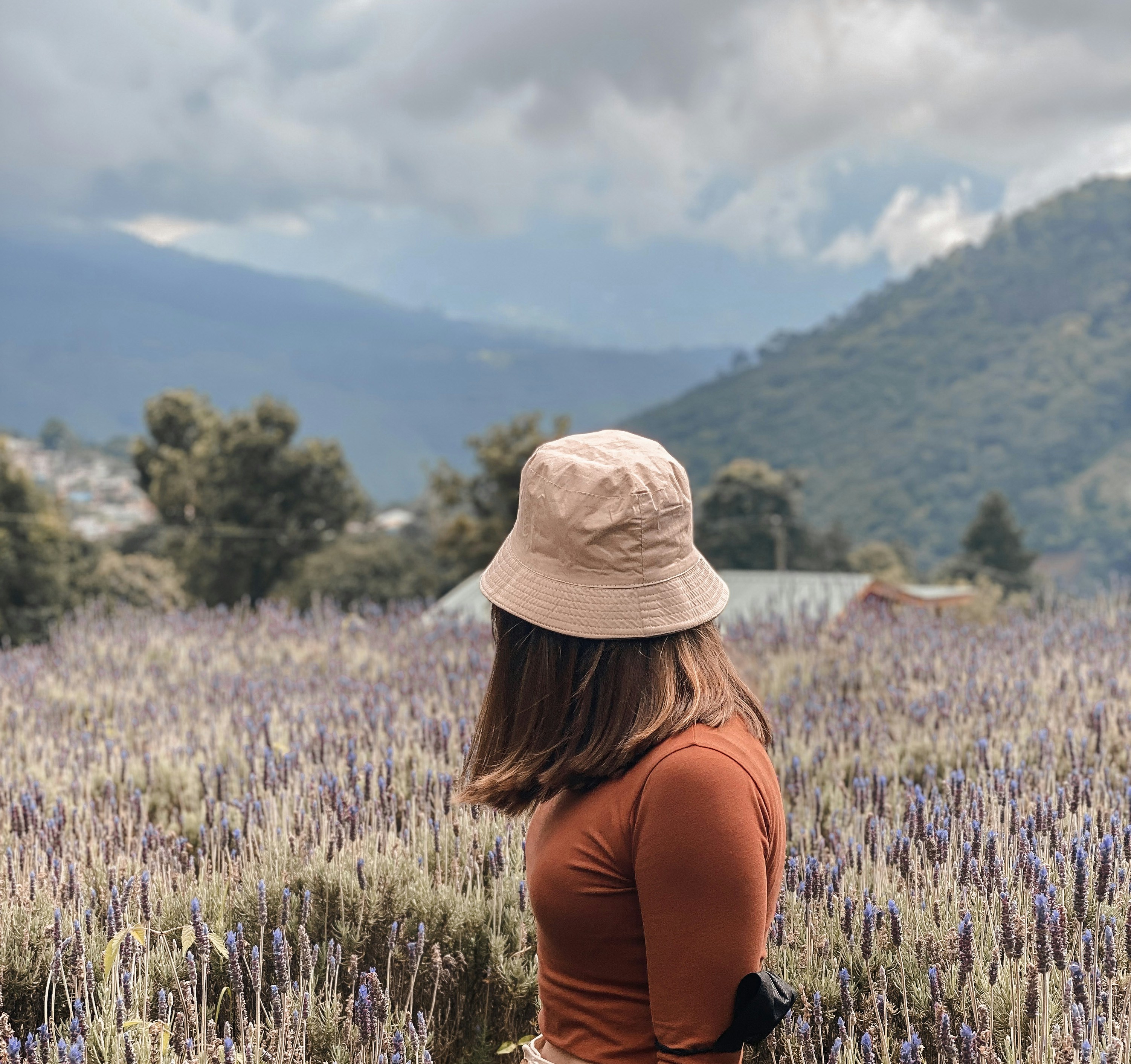Una mujer de pie en un campo de flores púrpuras