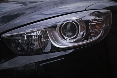 a close up of a car headlight on a car