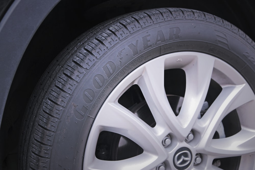 a close up of a tire on a car