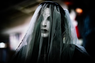 A ghostly figure with a cracked, white mask covered by a dark, translucent veil. The background is blurred, creating an eerie and mysterious atmosphere.