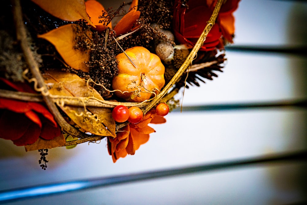 a close up of a bunch of autumn decorations