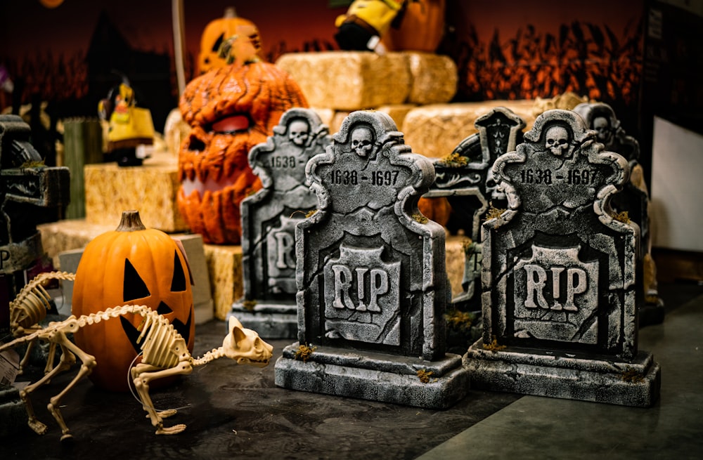 a group of tombstones sitting on top of a table