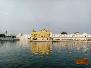 A golden temple stands prominently, surrounded by a body of water. The temple's architecture features intricate details and is reflected on the calm surface of the water. In the background, a white building stretches along the water's edge, and a line of people is visible along the perimeter. The sky is overcast, adding a soft lighting to the scene.
