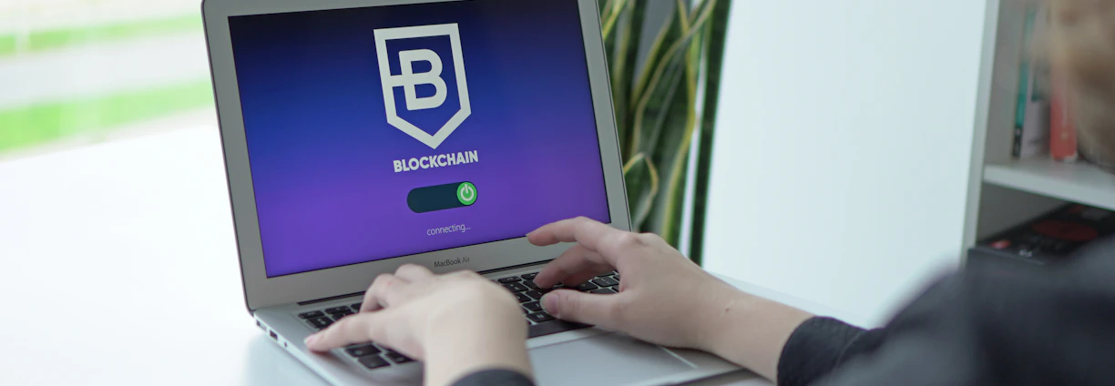 A person is typing on a laptop with a screen displaying a blockchain logo and the word ‘connecting’. The background features a blurred plant and some shelves.