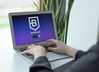 A person is typing on a laptop with a screen displaying a blockchain logo and the word ‘connecting’. The background features a blurred plant and some shelves.