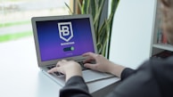 A person is typing on a laptop with a screen displaying a blockchain logo and the word ‘connecting’. The background features a blurred plant and some shelves.