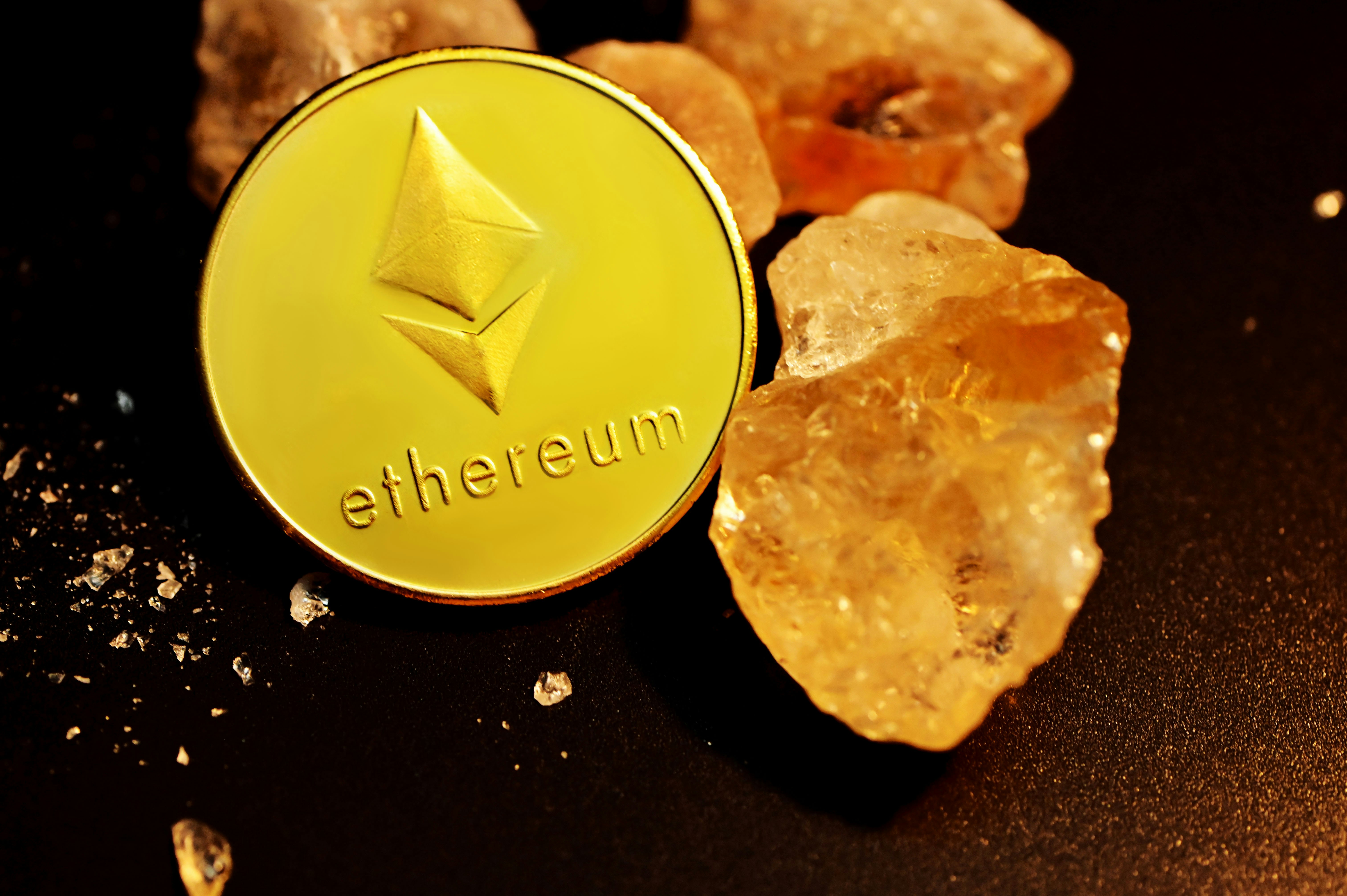 Ethereum coin placed in front of the crystals