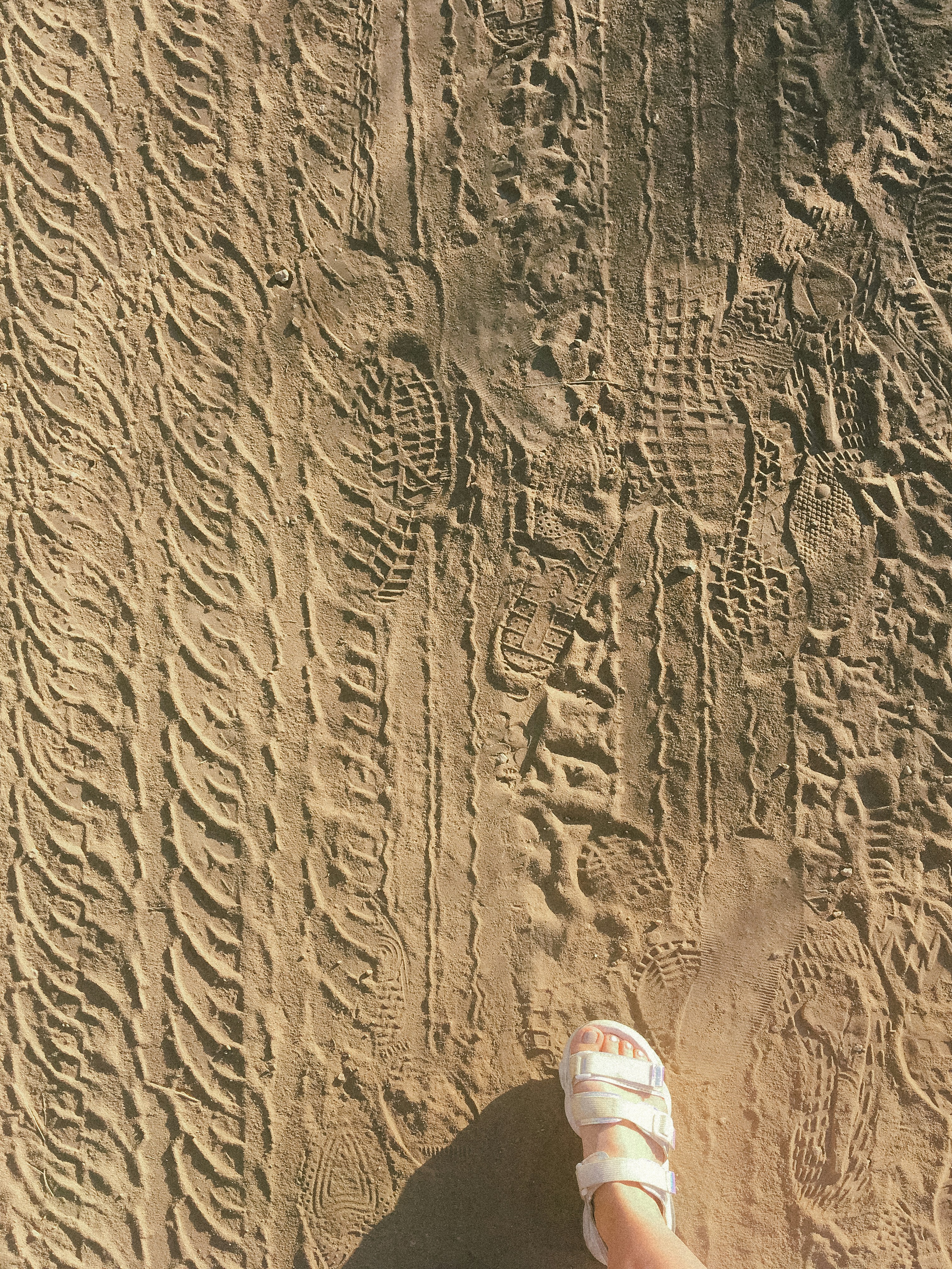 a person standing on a beach with their feet in the sand