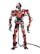 A humanoid robot with a sleek red metallic body and exposed wiring stands on a white background. It has a complex mechanical structure with various components and joints visible, including multiple wiring and cables. The robot's head includes a visor-like screen, and it appears to be equipped with various sensors and tools.