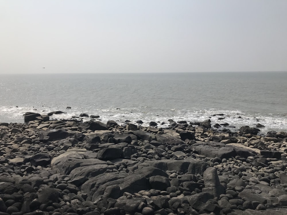 a rocky beach with a body of water in the background