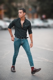 Person wearing comfortable, stylish clothing while walking through a bustling city street.