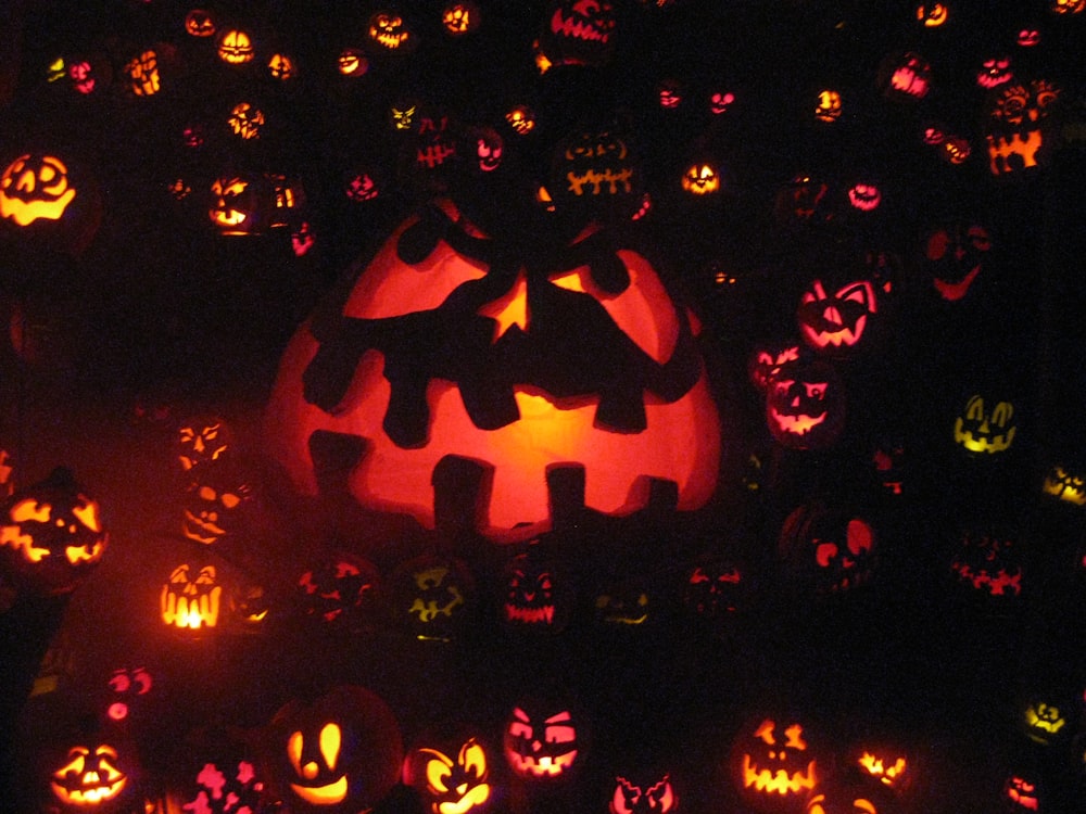 a group of pumpkins lit up in the dark