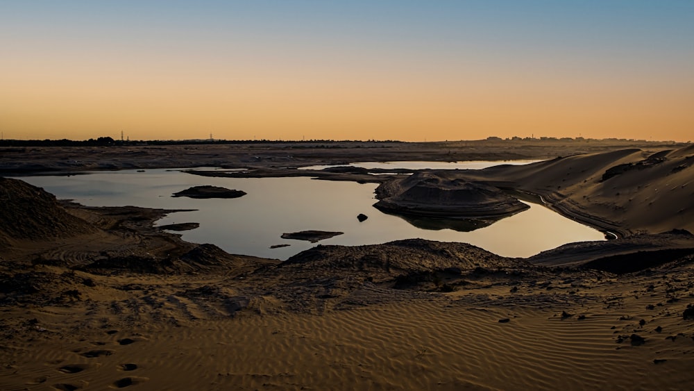 Ein Gewässer, umgeben von Sanddünen