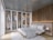 A modern and elegant bedroom features a large bed with white and light gray bedding. The room includes a wooden accent wall with vertical panels and ambient lighting. A spacious wardrobe with glass doors displays neatly arranged clothing and accessories. A round bedside table holds a spherical lamp, and a soft area rug adds warmth to the wooden floor.