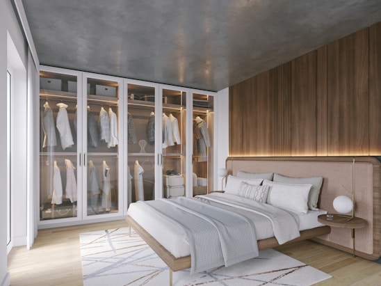 Elegant wardrobe in three color variations displayed in a modern bedroom setting.