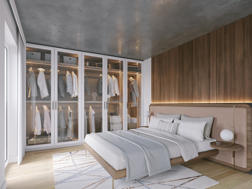 a bedroom with a bed and a closet