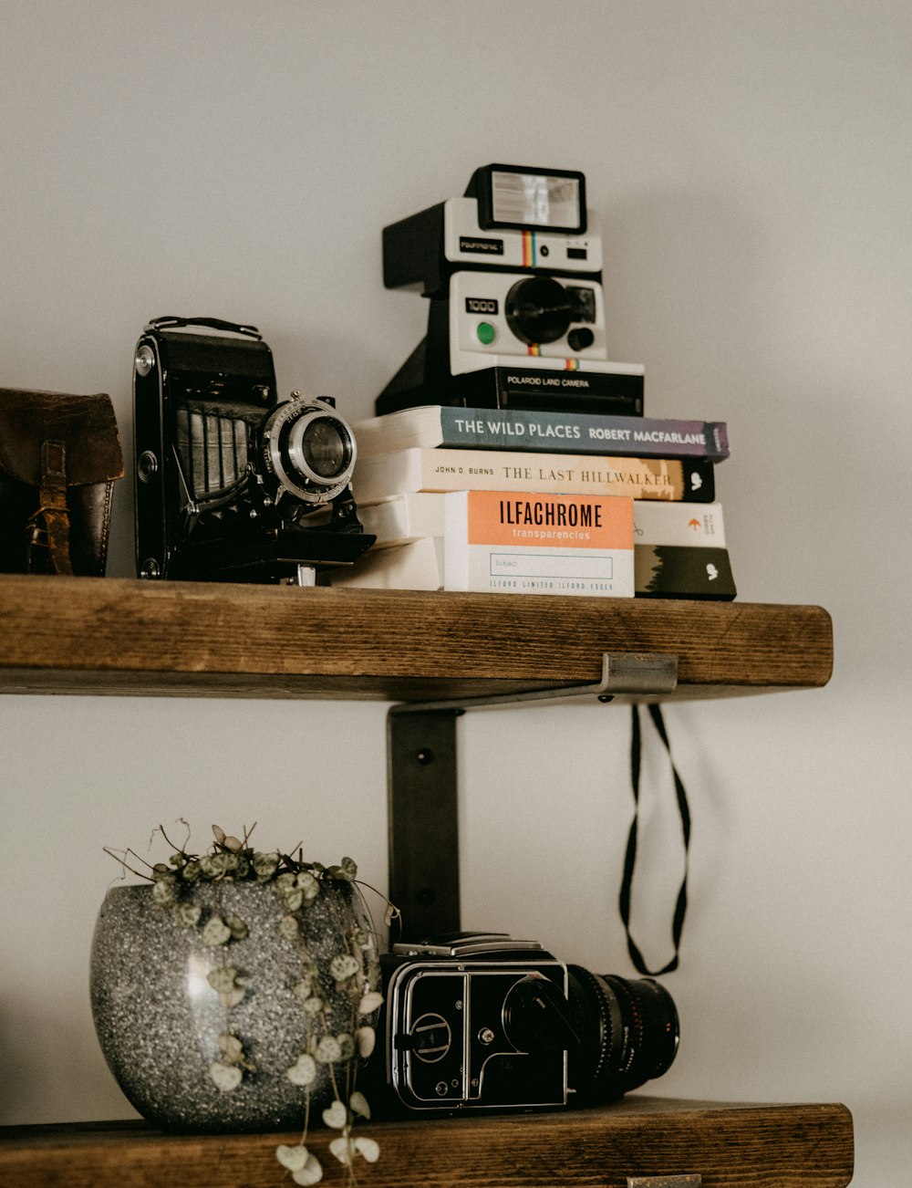 a shelf with a camera, books and a vase on it