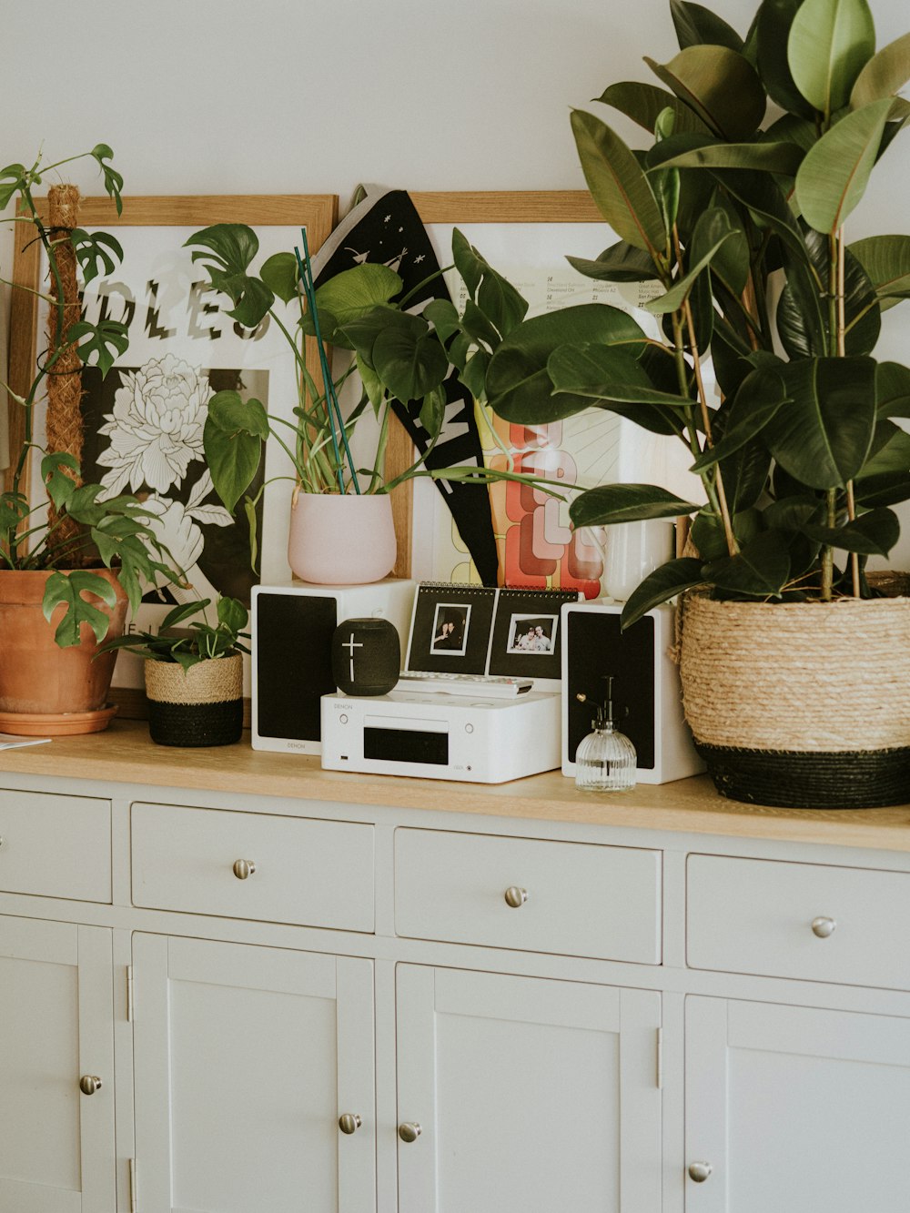 a white dresser topped with lots of potted plants