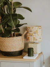 A cozy corner with beauty products and a small plant, reflecting a warm and inviting atmosphere.