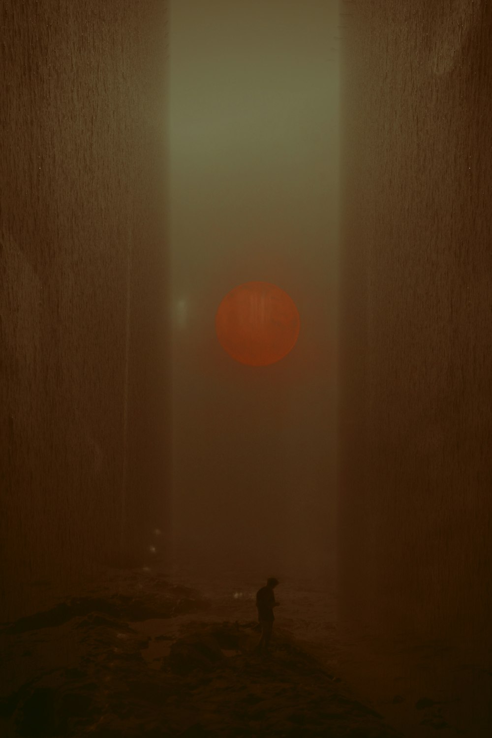 a person walking through a foggy hallway