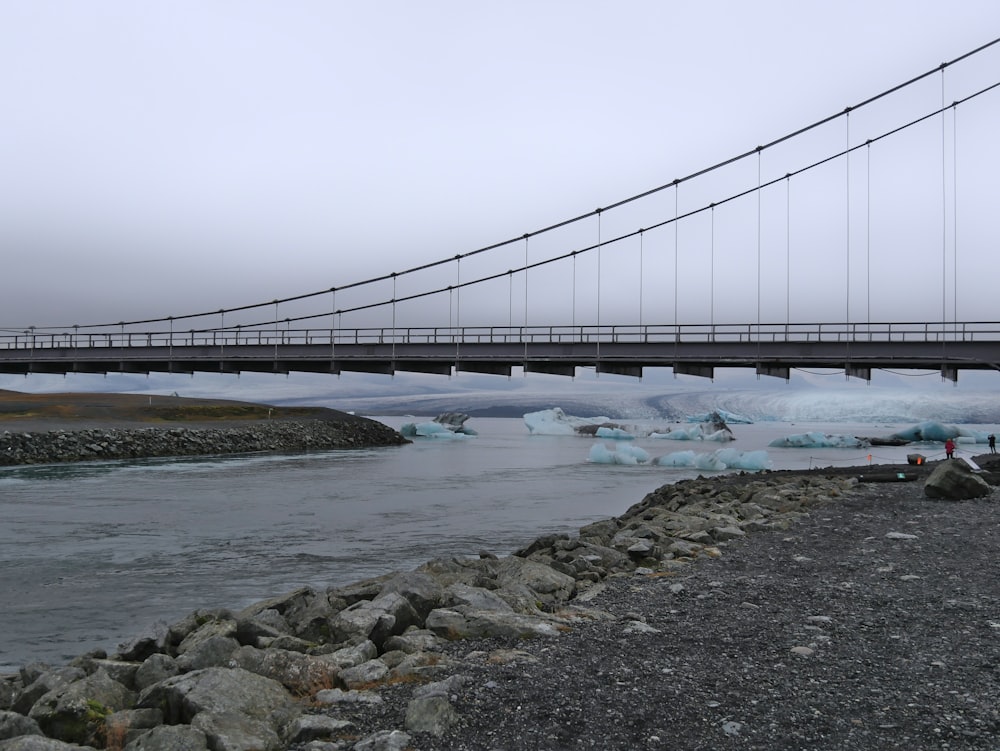 a bridge over a body of water with icebergs in the background