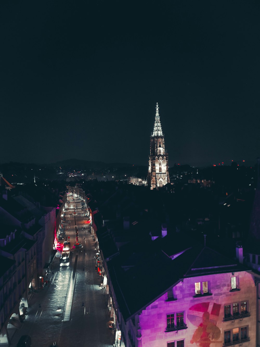 a view of a city street at night