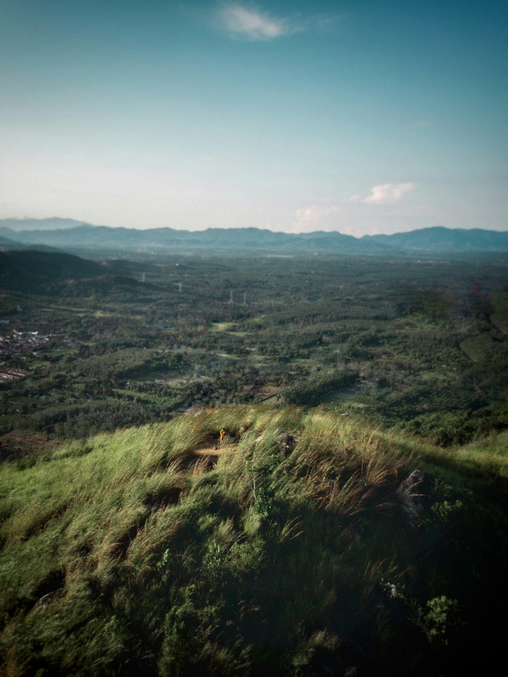 a view of a lush green valley with hills in the distance