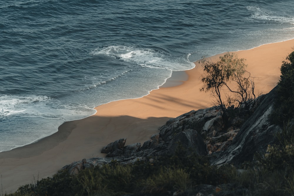 uma vista de uma praia de um penhasco