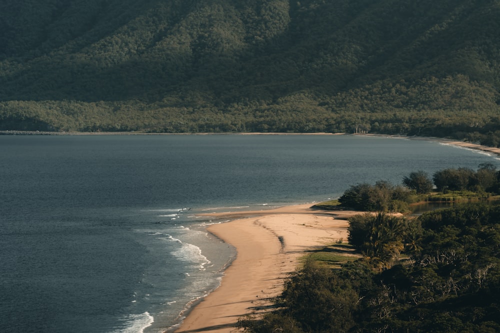 a view of a beach with a mountain in the background