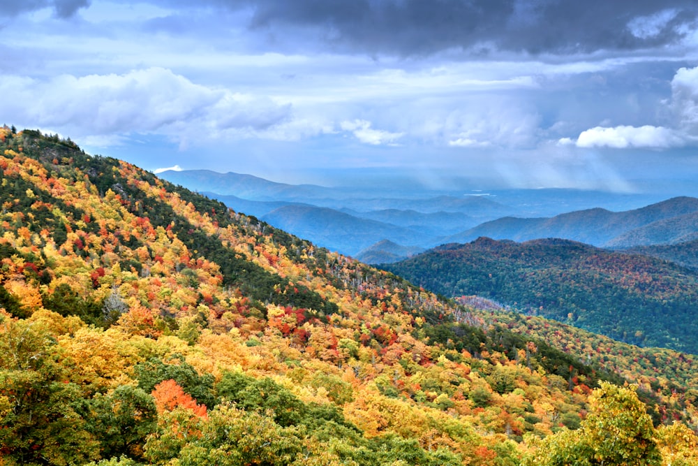 a scenic view of a mountain range in the fall