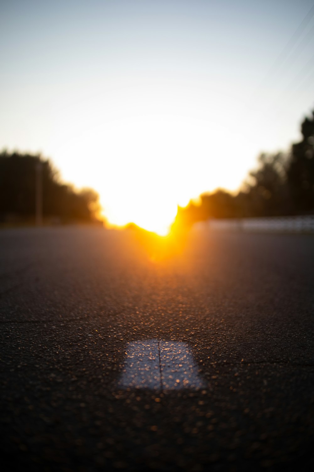 태양은 땅에 그림자가있는 거리 위로 설정되고있다.
