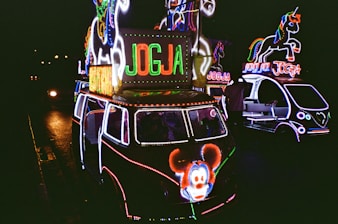 a car is decorated with lights and decorations