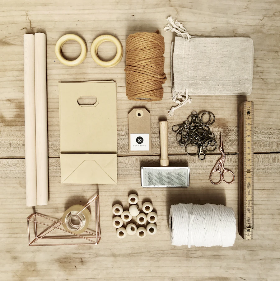 Handmade craft and gift packaging supplies on a wooden table
