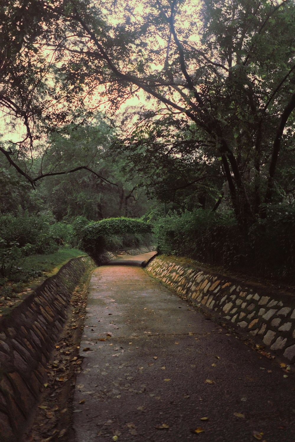 a pathway in a park with trees and a stone wall