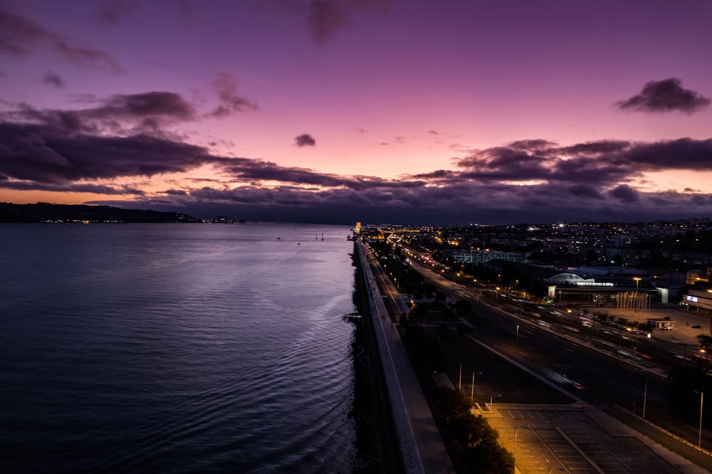 a view of a body of water at night