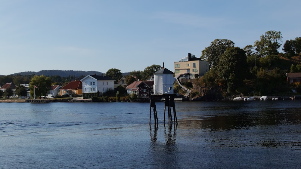 a body of water with houses in the background