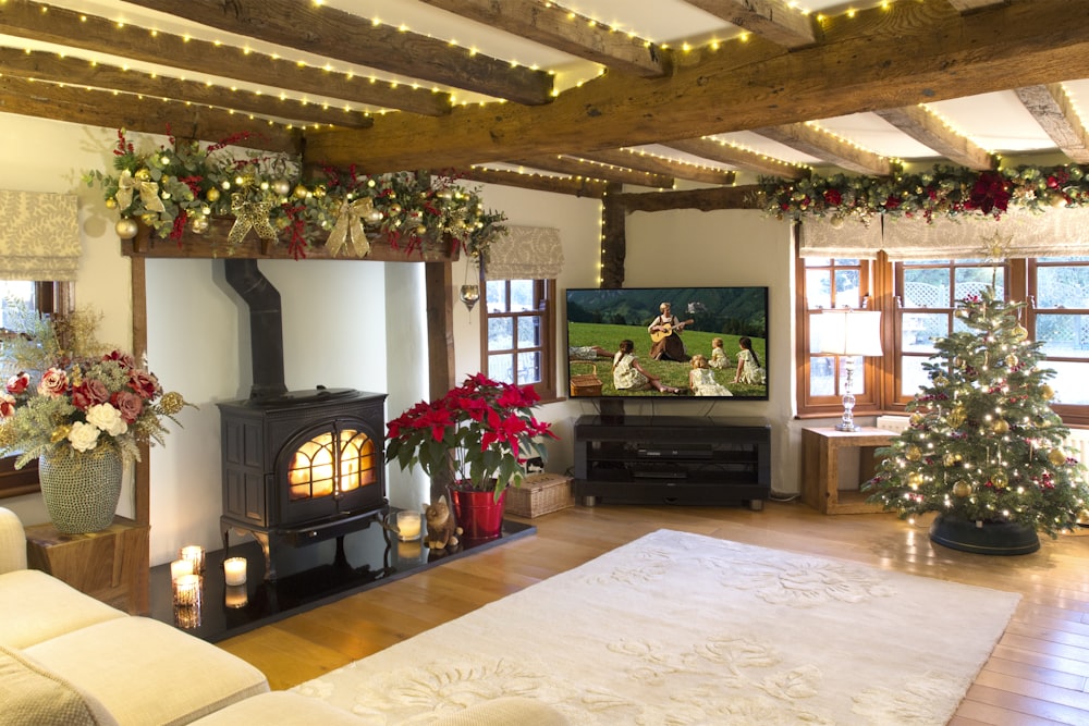 a living room filled with furniture and a fire place