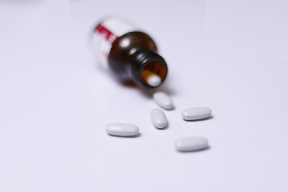 a bottle of pills sitting on top of a table