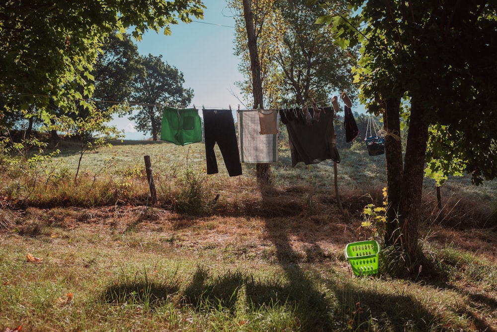 clothes hanging out to dry in a field