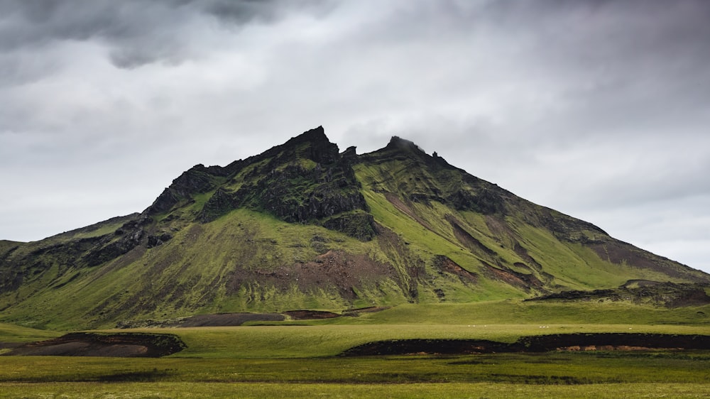 a large green mountain with a grassy field below