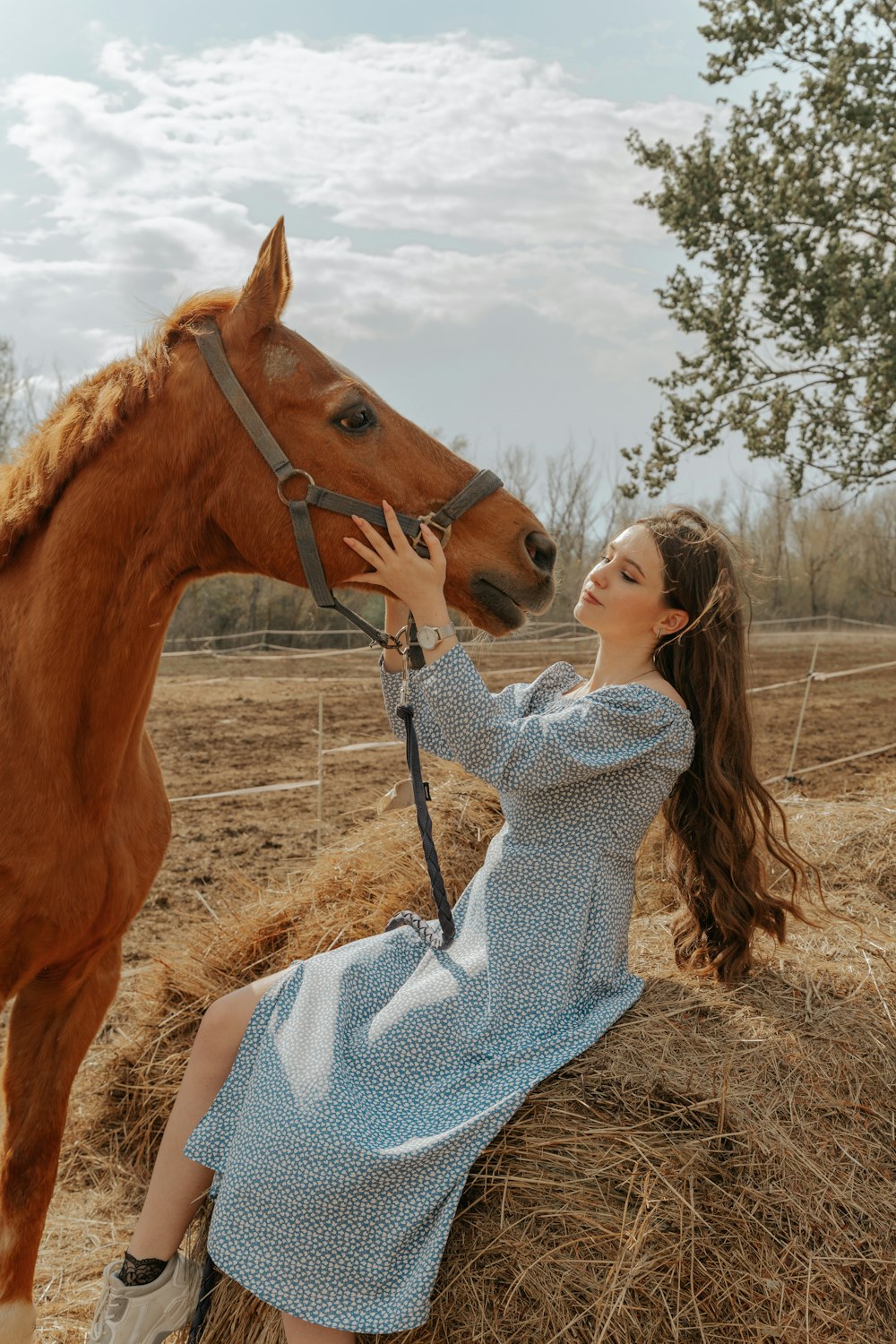 a woman in a blue dress petting a horse