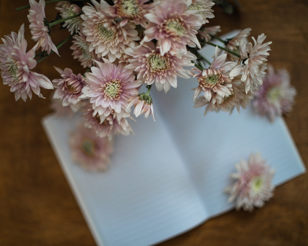 a bunch of flowers sitting on top of an open book